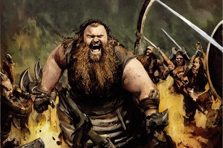 Prompt: braun strowman as a huge viking laughing with his warriors, misty, atmospheric, b & w, painted by phil hale and rick berry and dean cornwell and norman rockwell and jack kirby and tom lovell and jeremy mann