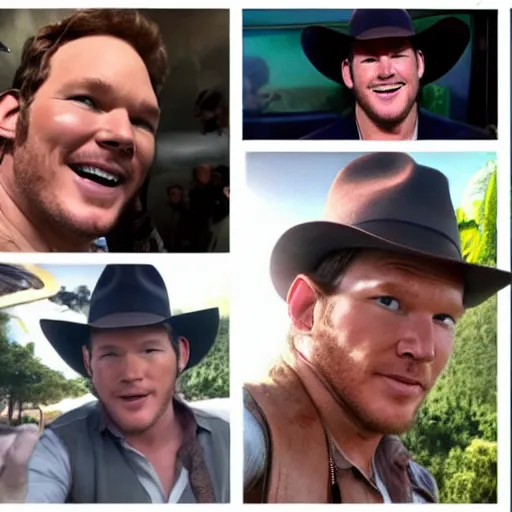 Image similar to chris pratt as indiana jones taking a selfie with an old harrison ford, instagram, cinematic, natural lighting, genuine smile, perfect angle