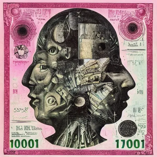 Image similar to post - punk new age album cover, asymmetrical design, dollar bank notes, capitalism, magic, apocalypse, psychedelic, black white pink, magic, giger h. r., giuseppe arcimboldo