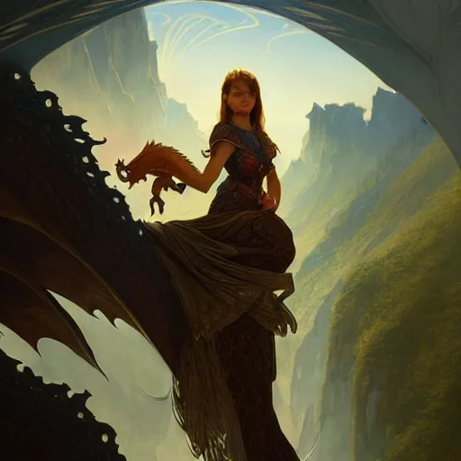 Image similar to baby dragon watching the world underneath, mountains, d & d, fantasy, intricate, elegant, highly detailed, digital painting, artstation, concept art, smooth, sharp focus, illustration, art by artgerm and greg rutkowski and alphonse mucha