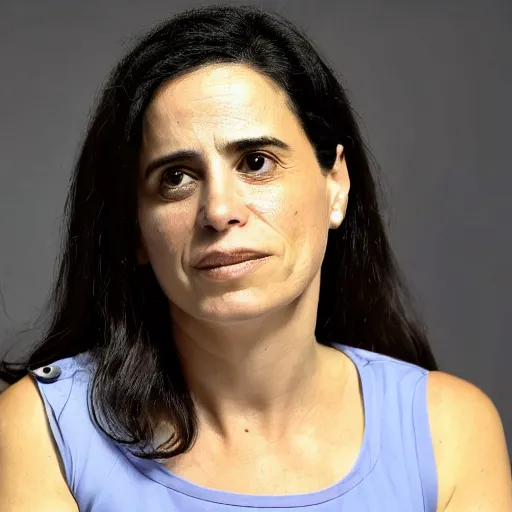 Image similar to Ayelet Shaked sad and hopeful, in a white tank top, smooth skin, symmetrical face. hd.