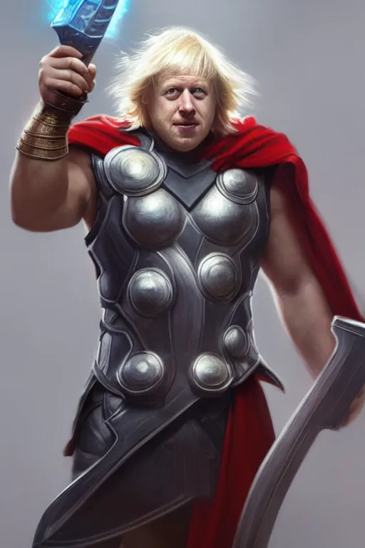 Image similar to Boris Johnson as Thor, Boris Johnson hairstyle, full body realistic portrait, highly detailed, digital painting, artstation, concept art, smooth, sharp focus, illustration, cinematic lighting, art by artgerm and greg rutkowski and alphonse mucha