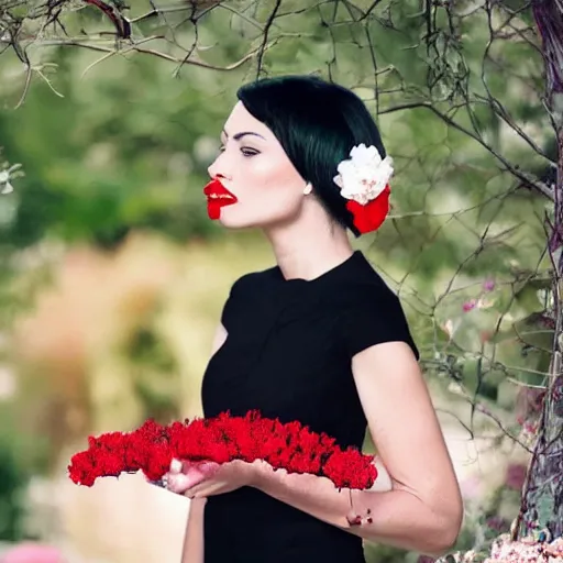Image similar to A woman standing in a black dress, black and red lips and white hair, she stands in a garden with flowers and birds