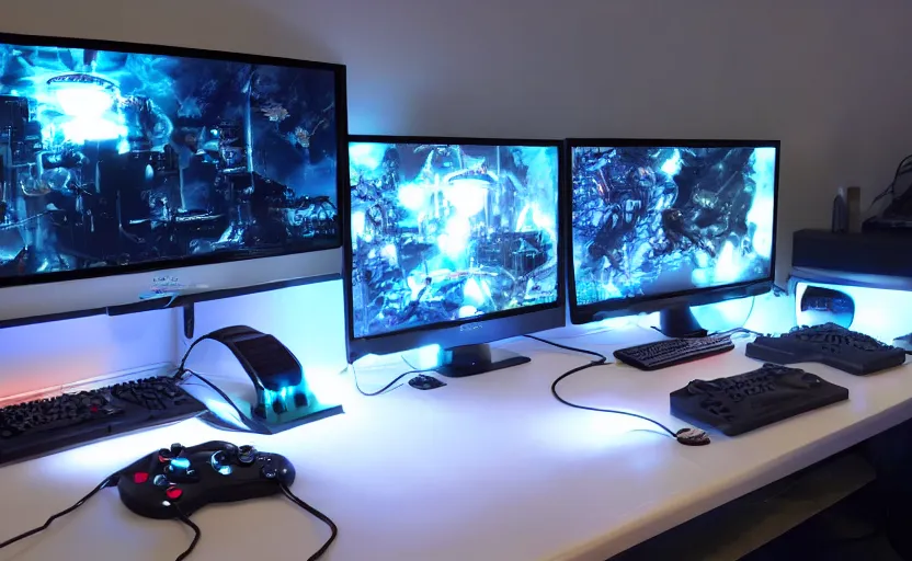 Image similar to futuristic gaming setup with white lighting, hd photograph, highly detailed, intricate, sharp focus