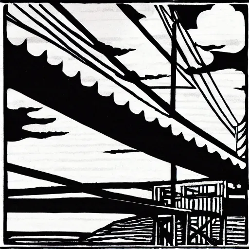 Prompt: steel suspension bridge built in 1 9 2 8, side view, clouds in background, woodcut style, 4 k