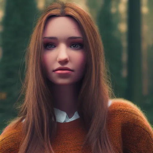 Image similar to real life photo of a beautiful girl, full body photoshoot, long brown hair, brown eyes, full round face, short smile, wool sweater belly free, forest setting, cinematic lightning, medium shot, mid - shot, highly detailed, trending on artstation, unreal engine 4 k, 8 0 mm, 8 5 mm, cinematic wallpaper