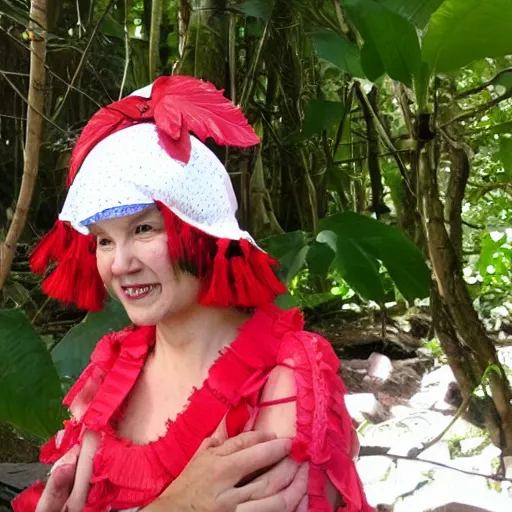 Image similar to a roset conrad of reimu in the jungle wearing bonnet