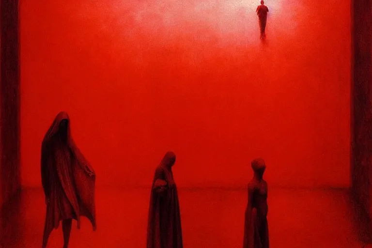 Image similar to only with red, a red angel announce the win, at the gates of a rich renaissance city, pathos, in the style of beksinski, part by hopper, part by rodcenko, part by hofbauer, intricate composition, red by caravaggio, insanely quality, highly detailed, masterpiece, red light, artstation