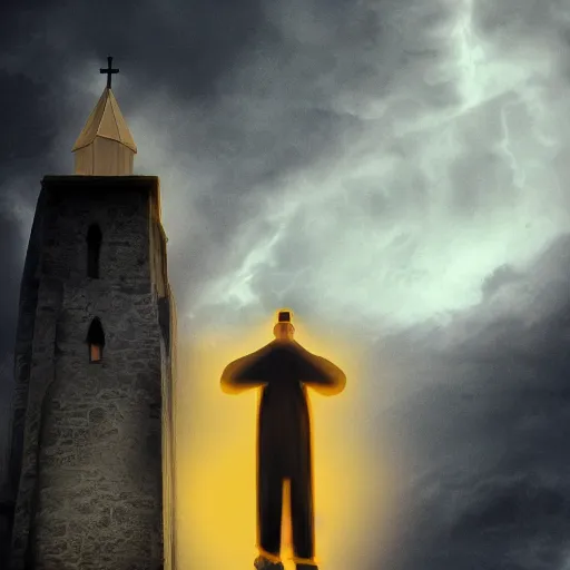 Prompt: Close up of a terrified young catholic priest at the top of a medieval tower watches as an ominous yellow shadow descends upon him from the night sky. He is seen from above fervently praying. Dramatic lighting. Award-winning digital art, trending on ArtStation