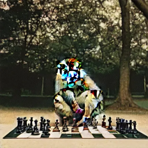 Image similar to portrait photo of a monkey playing chess in a park by annie liebovitz,