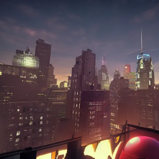 Image similar to Batman on a rooftop in NYC, at dawn, fighting off a blood thirsty group of Teletubbies. 4K, ultra HD, Rendered in Unreal Engine 5.