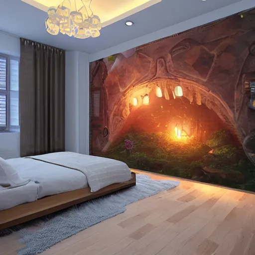 Prompt: a cozy bedroom interior with wall murals of giant minions, detailed, high resolution, wow!, intricate, volumetric lighting, raytracing