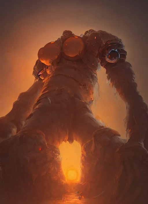 Image similar to a highly detailed illustration of worn down colossal bronze giant, with TWO big orange glowing iron giant eyes, gentle calm doting pose, intricate, elegant, highly detailed, centered, digital painting, artstation, concept art, smooth, sharp focus, league of legends concept art, WLOP