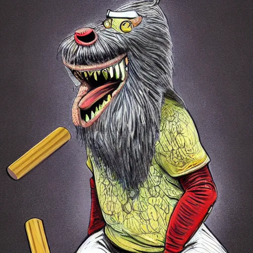 Image similar to baseball monster, baseball, baseball bat, digital art, chalk, fantasy, magic, trending on artstation, ultra detailed, professional illustration by Basil Gogos