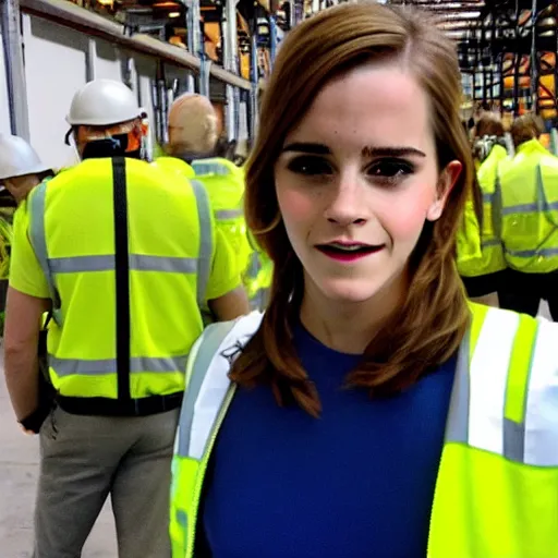 Prompt: photo, close up, emma watson in a hi vis vest, in warehouse, android cameraphone, 2 6 mm, low resolution,