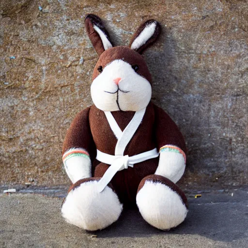 Prompt: a soft chocolate plush rabbit hand stitched from an old sock and showing signs of years aging and tearing now sat alone wearing an old karate uniform beneath an old park bench on the sidewalk beneath an old oak tree, photography, photorealistic, national geographic