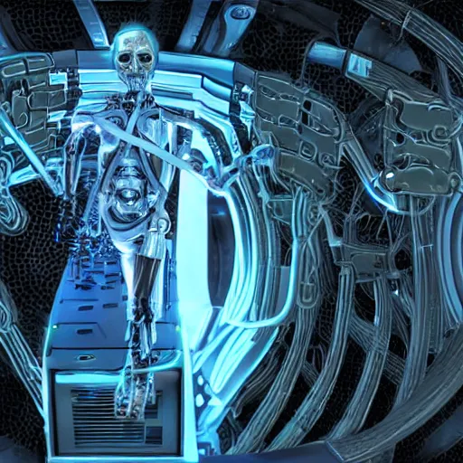 Image similar to the torso of fully a mechanical terminator man with borg implants, human face and robotic snakes coming out of his head is hanging from cables and wires off the ceiling of an futuristic computer lab and plugged into a quantum computer. His bottom half is missing with cables hanging out. resonance glowing red and white fractals, black dark background. curly blond hair pale skin. very detailed 8k. Cyberpunk horror style.