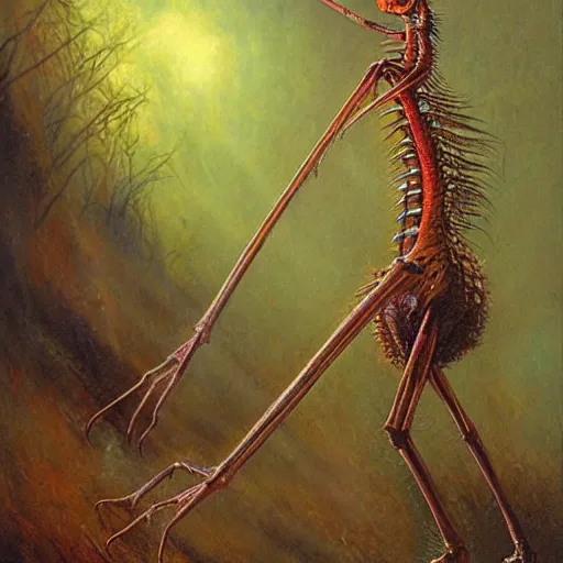 Prompt: antropromorphic stick insect, stick insect standing and talking like a human being, fantasy concept art, painting by Bob Eggleton