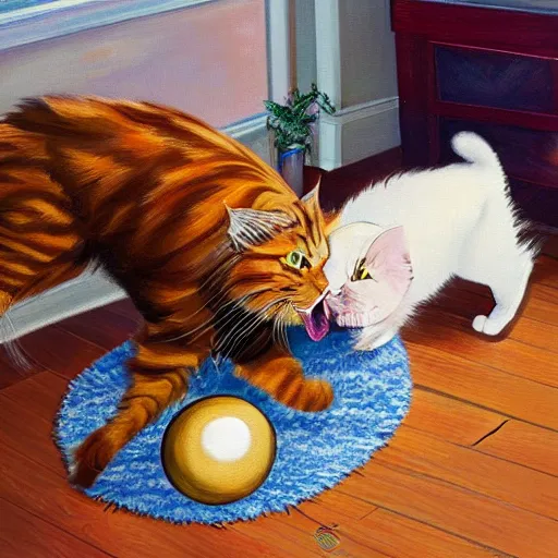 Image similar to cream color maine coon cat chasing a cat-toy-ball in a sunlit bedroom, hardwood floors with a colorful tattered old throw rug, bay window sofa in the background, fun, energetic, amusing, cute, funny, in style of Steve Henderson and Robert Hagan, trending on art station