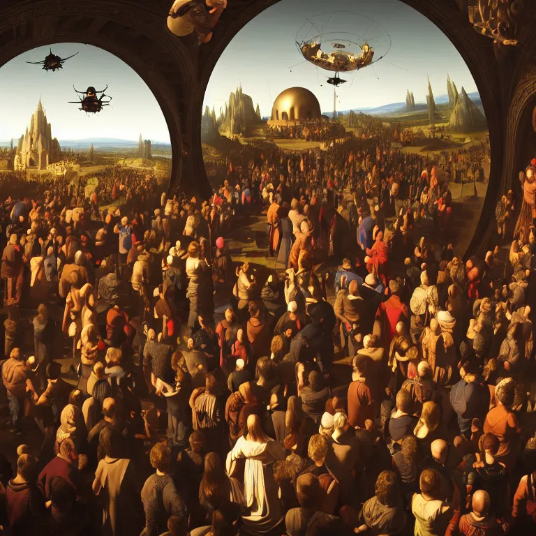 Prompt: crowd of medieval people surrounding UFO flying saucer, dream-like atmosphere, symmetrical baroque painting, perfect composition, beautiful detailed intricate insanely detailed octane render trending on Artstation, 8K artistic photography, photorealistic, soft natural volumetric cinematic perfect light, chiaroscuro, award-winning photograph, masterpiece, Raphael, Caravaggio, Greg Rutkowski, Beeple