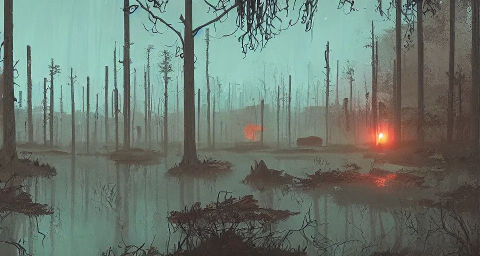 Image similar to A fantastic swamp, by simon stalenhag