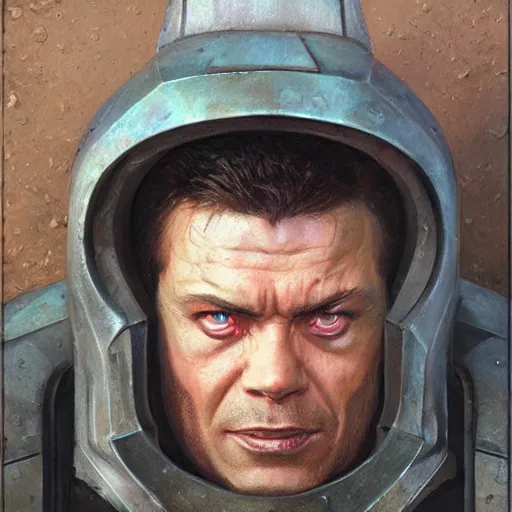 Image similar to the doomguy as a realistic d & d fantasy character, closeup portrait art by donato giancola and greg rutkowski, vintage retro, realistic face, digital art, trending on artstation, symmetry!!