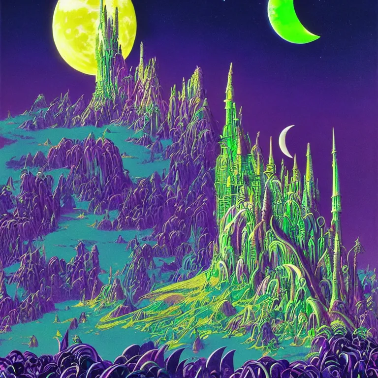 Image similar to mysterious crescent moon over magical crystal temple, bright neon colors, highly detailed, cinematic, tim white, eyvind earle, philippe druillet, roger dean, lisa frank, aubrey beardsley, ernst haeckel