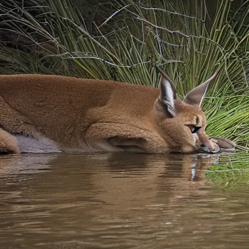 Prompt: artistic professional photograph of a Caracal swimming