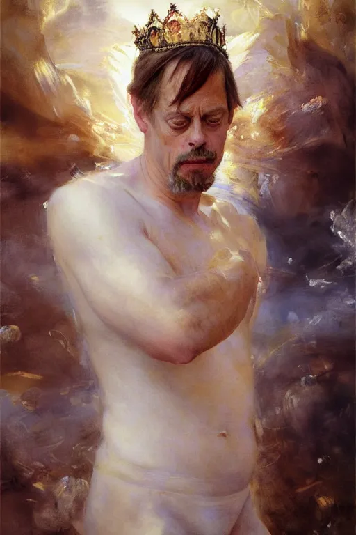 Image similar to beautiful detailed expressive impressionistic oil painting portrait of ancient roman god emperor steve buscemi levitating in angelic pose wearing the civic crown, art by anders zorn, wonderful masterpiece by greg rutkowski, expressive brush strokes, beautiful cinematic light, american romanticism by greg manchess, jessica rossier