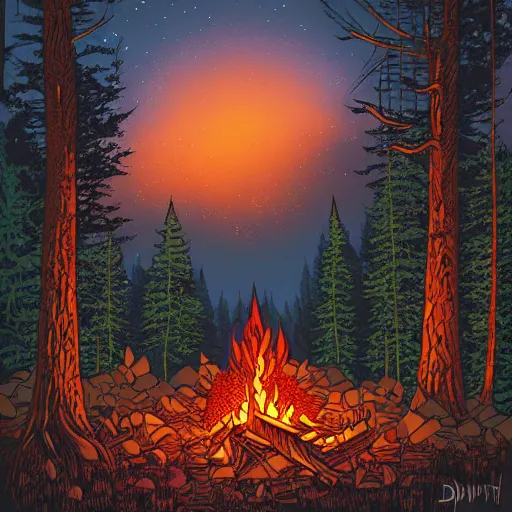 Image similar to A campfire in the forest by Dan Mumford