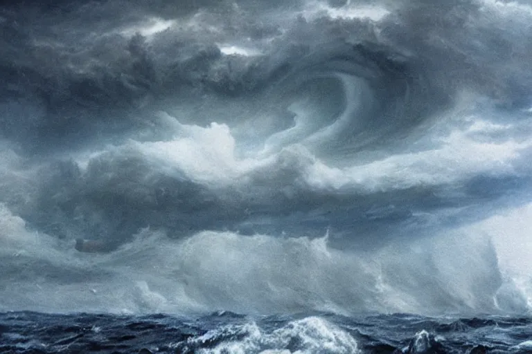 Prompt: surreal scene of a storm at sea, cinematic masterpiece