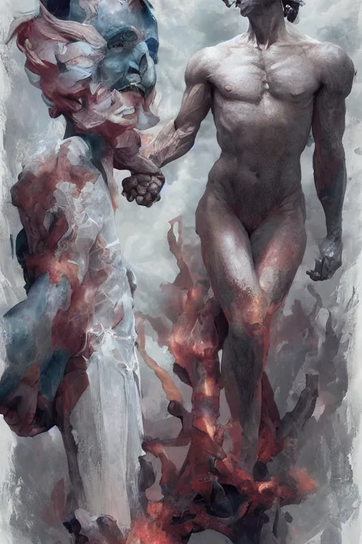 Image similar to portrait of god holding hands with satan by artgerm and Craig Mullins, James Jean, Andrey Ryabovichev, Mark Simonetti and Peter Morbacher 16k