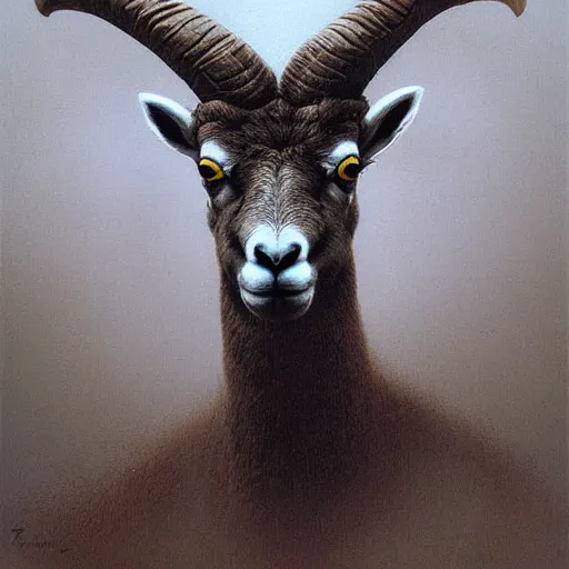 Prompt: Angry Yellow Bighorn Sheep portrait, dark fantasy, blue, artstation painted by Zdzisław Beksiński and Wayne Barlowe