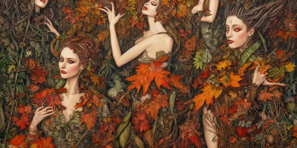 Prompt: breathtaking detailed concept art painting of goddesses of autumn by beto val, vintage illustration pattern with bizarre compositions blend of plants and stems and leaves, exquisite detail, extremely moody lighting, 8 k