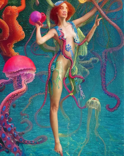 Image similar to a beautiful girl underwater wearing a colourful octopus as a dress and surrounded by glowing jellyfish, painted by edgar maxence, edward hopper, wayne barlowe and james gilleard, airbrush, art by jamesjean