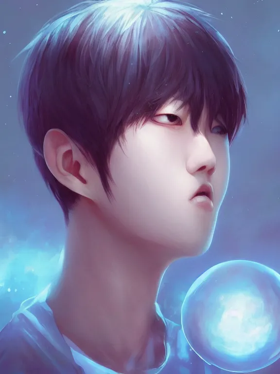 Image similar to Full shot of Kpop boy idol with no face and an eyeball instead of head performing on stage. Orb Head. Sphere Head. Eyeball Head. Eye exam. Friendly horror. Realistic. By Ruan Jia and Artgerm and Range Murata and WLOP. Key Art. Fantasy Illustration. award winning, Artstation, intricate details, Hyperdetailed, 8k resolution.