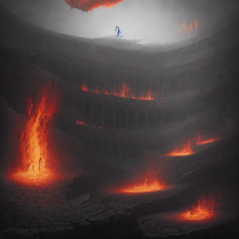 Image similar to one lone singular swirling otherworldly demonic figure shrouded in flames emerges from extensive barren grey charcoal volcanic, flames, matte painting by peter mohrbacher and filip hodas, background colosseum!, godrays, high contrast, highly detailed