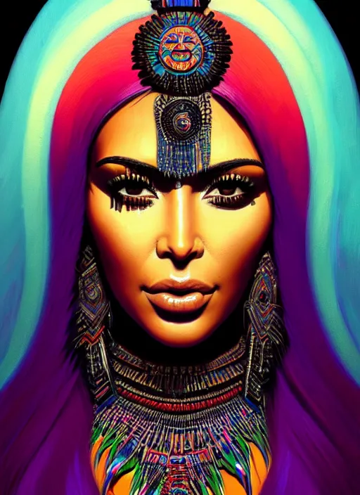 Image similar to portrait of kim kardashian, hyper detailed ultra sharp aztec shaman warrior. trending on artstation, warpaint aesthetic, bloodwave, colorful, psychedelic, ornate, intricate, digital painting, concept art, smooth, sharp focus, illustration, art by artgerm and greg rutkowski and h. r. giger, 8 k