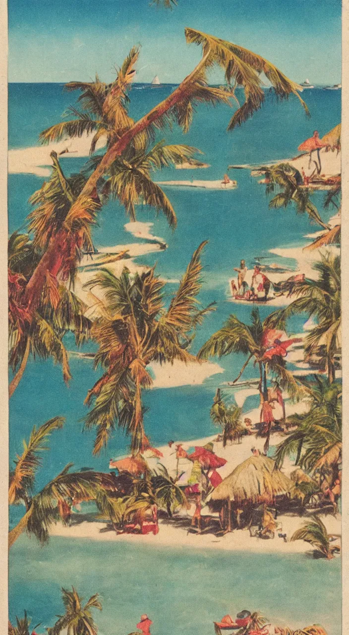 Image similar to a 1920s vacation pamphlet about a Caribbean beach,