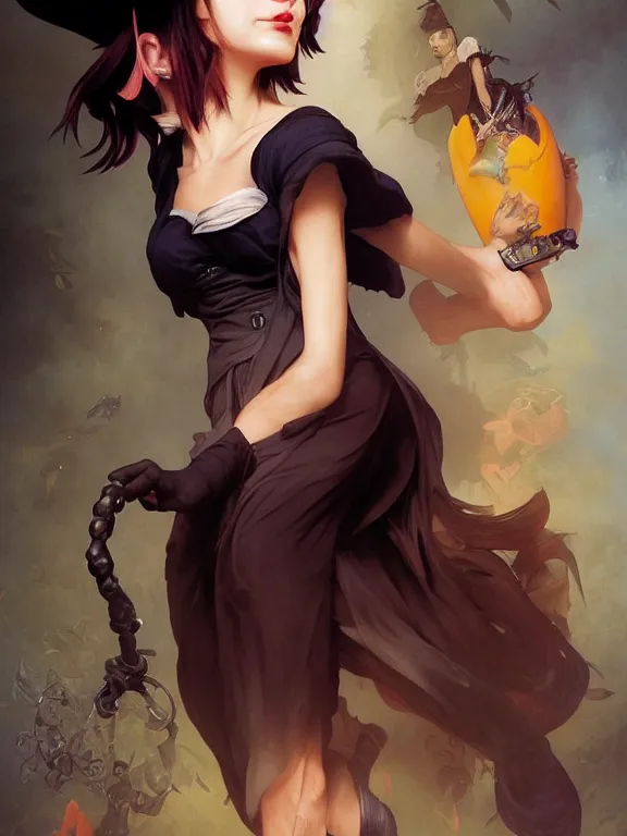 Image similar to Full shot of a mischievous young witch about to get up to some trouble. Latin American fashion. Black and Orange palette. Latina girl. brown skin. defined facial features, symmetrical facial features. By Ruan Jia and Artgerm and Range Murata and WLOP and Ross Tran and William-Adolphe Bouguereau. Key Art. Fantasy Illustration. award winning, Artstation, intricate details, realistic, Hyperdetailed, 8k resolution.