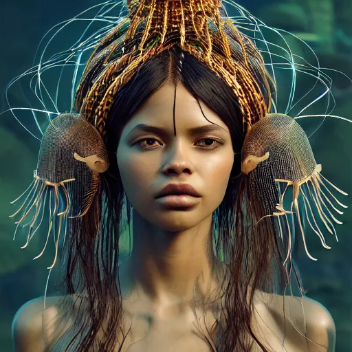 Image similar to lost in paradise hyperdetailed illustration by irakli nadar, adut akech, matt wisniewski style, intricate linework, dark black skin, box jellyfish headdress, unreal engine 5 highly rendered,