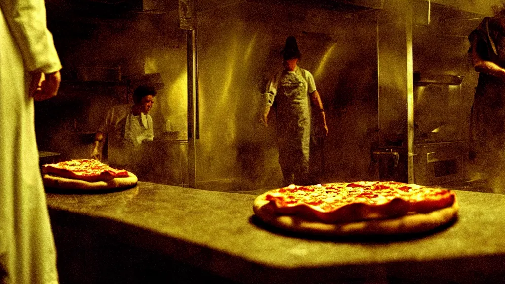 Image similar to the strange pizza creature in the restaurant kitchen, film still from the movie directed by denis villeneuve and david cronenberg with art direction by salvador dali and zdzisław beksinski,