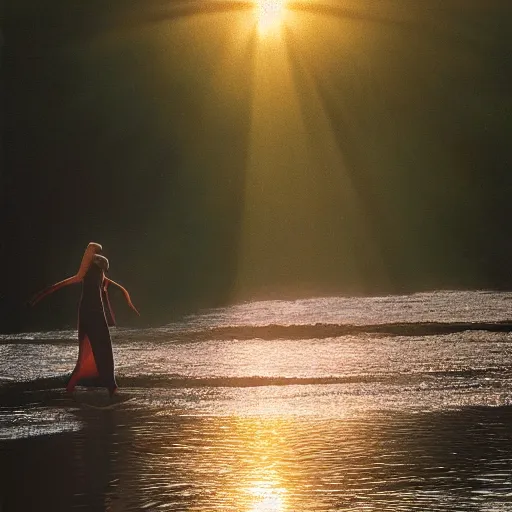 Prompt: Fine art photo of the most beautiful woman, she is posing while maintain a sweet eye contact to the camera she is walking on a river, she is getting ulluminated by the rays of the sunset, the photo was taking by Steve McCurry, matte painting, oil painting, naturalism, 4k, 8k