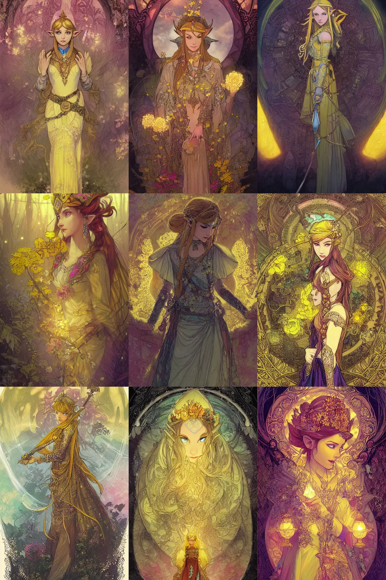 Prompt: Princess Zelda, magical, flower, bright castleton yellow, detailed intricate ink illustration, dark atmosphere, detailed illustration, hd, 4k, digital art, overdetailed art, concept art, by greg rutkowski, by Alfons Mucha, complementing colors, Trending on artstation, deviantart