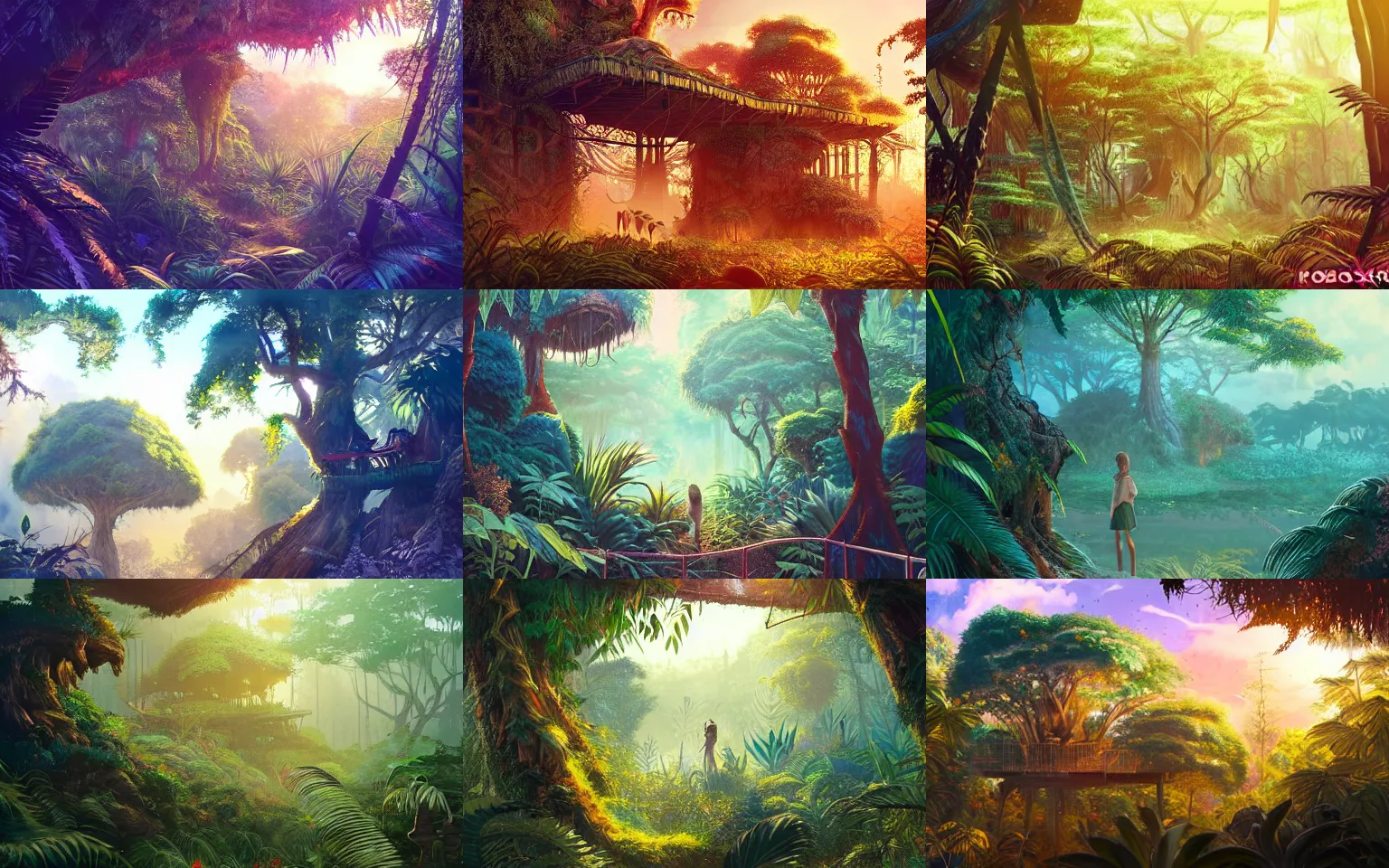 Image similar to concept art landscape of a jungle scene during golden hour, an overgrown treehouse in the middle of a clearing, beautiful, fantasy, colorful, cinematic lighting, artstation, trending, highly detailed, focus, smooth, by studio ghibli, rossdraws, hirohiko araki, conrad roset, yoshitaka amano