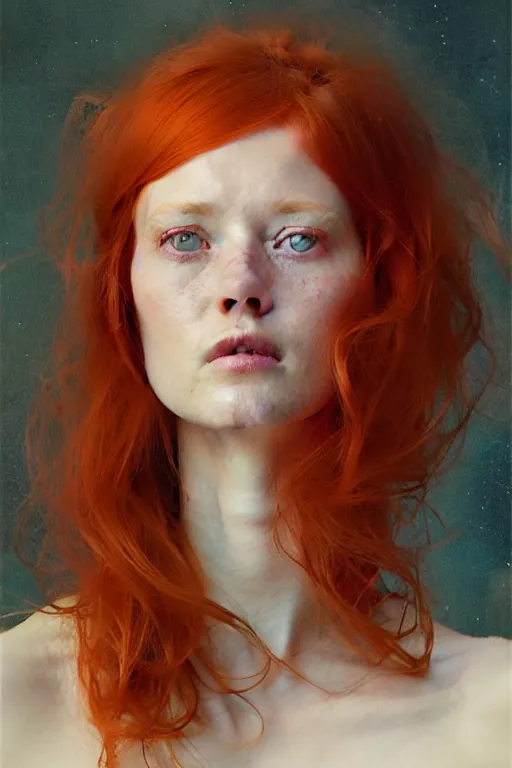 Image similar to of beautiful redhead female, beauty portrait by greg rutkowski, hilma af klint, moebius, victo ngai, sharp focus, global illumination, highly detailed, masterpiece, award winning, post processing