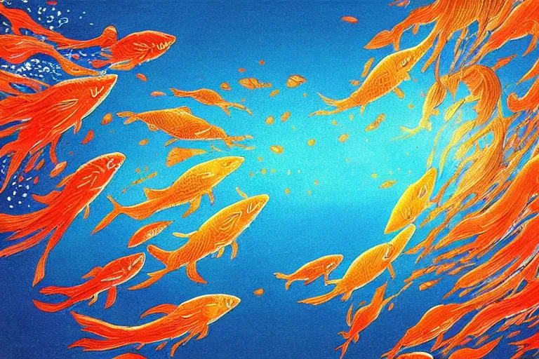 Image similar to portrait of goldfishes swarming the ocean. shadow and light. rays of light. energetic, dynamic, lively, detailed, intricate, complex. fine art by hayao miyazaki, akira toriyama, makoto shinkai, and ohara koson.