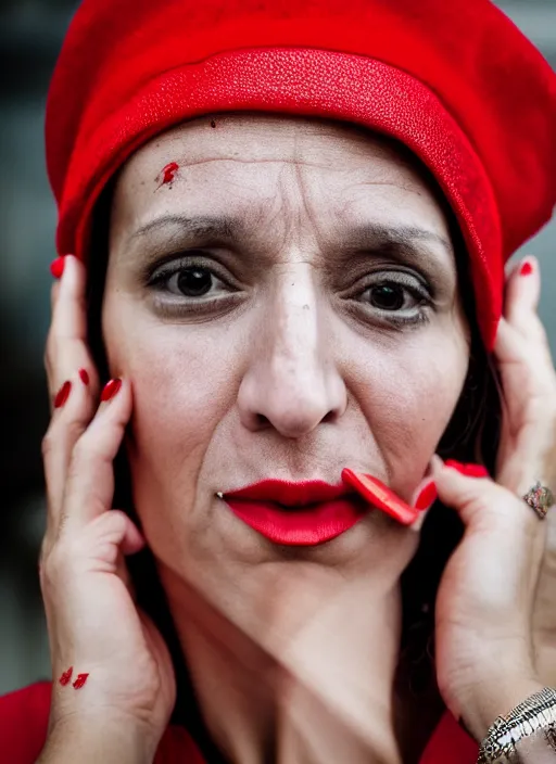 Image similar to color Close-up portrait of a beautiful 35-year-old Italian woman, wearing a red outfit, candid street portrait in the style of Martin Schoeller award winning, Sony a7R