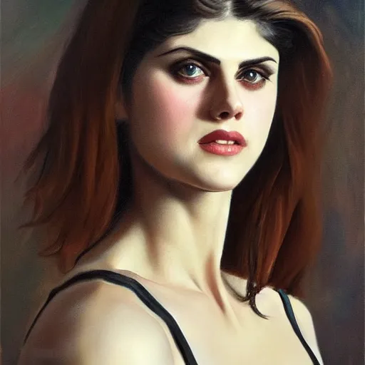 Image similar to ultra realistic portrait painting of alexandra daddario, art by frank frazetta, 4 k, ultra realistic, highly detailed, epic lighting