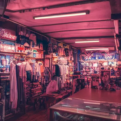 Prompt: inside a store at night, ethereal, ancient, neon lit, cosmic, mysterious